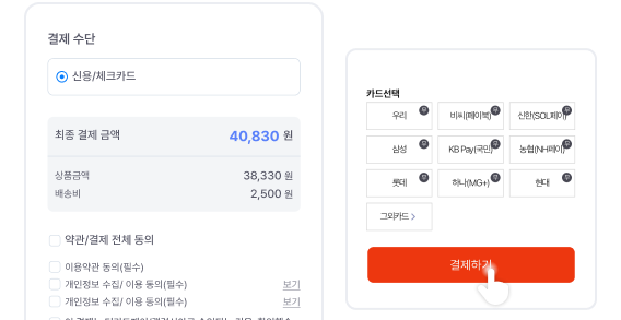 결제 수단 선택 및 최종 결제 화면